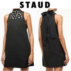 STAUD Finn Jewel-Embellished Black Mini Dress Black Sleeveless Halter Sz XS NWT